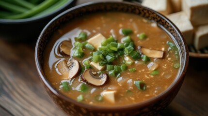 A shiitake mushroom miso soup, with pieces of mushroom floating in a rich broth, garnished with green onions and tofu, served in a traditional bowl.