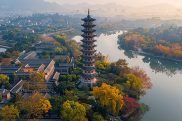 Wall Mural - In autumn, the pagoda by the river in the countryside