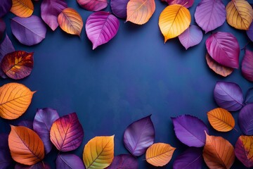 Wall Mural - A blue background with a frame of colorful leaves. The leaves are orange, purple, and yellow