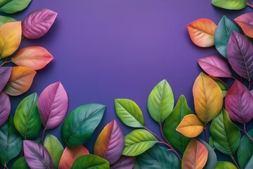 Wall Mural - A colorful leafy border with a purple background. The leaves are of different colors and sizes, creating a vibrant and lively atmosphere