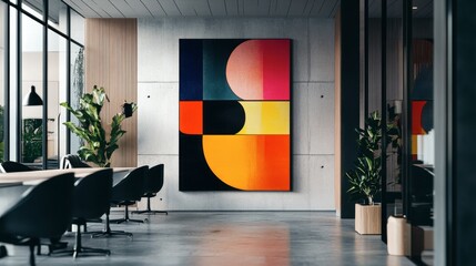 Leinwandbilder - An abstract digital artwork featuring bold geometric shapes and vibrant colors, displayed on a modern office wall, adding a contemporary touch to the design studio.