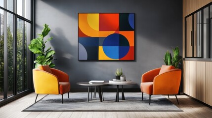 Leinwandbilder - An abstract digital artwork featuring bold geometric shapes and vibrant colors, displayed on a modern office wall, adding a contemporary touch to the design studio.