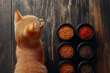 A cat is looking at a variety of different colored cat food