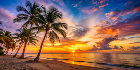 Wall Mural - Sunset on a tropical beach with palm trees, vibrant colors, serene atmosphere, sunset, beach, palm trees, tropical, colorful