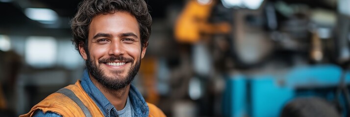 Wall Mural - A man with a beard and a blue shirt is smiling. He is wearing a yellow vest