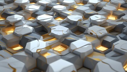 Elegant futuristic geometric mosaic of hexagons in luxurious white, gray, and gold hues