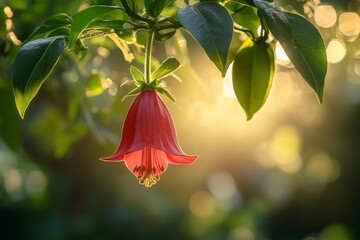 Wall Mural - red bell-shaped flower chilean copihue hanging from its green leaves, with a blurred background of trees and sunlight filtering through the foliage. Natural light