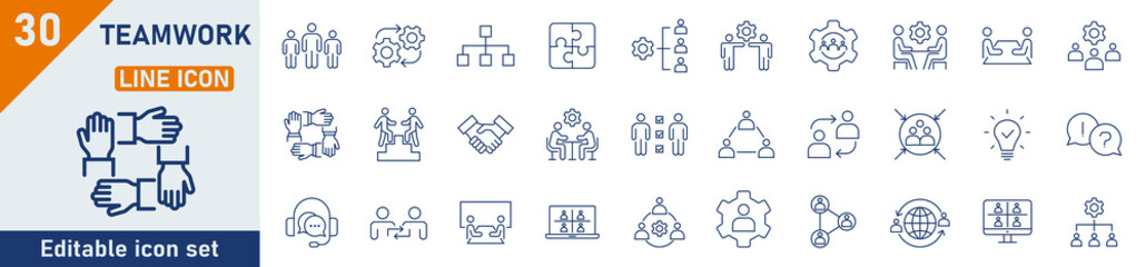 Wall Mural - teamwork & business people line icon set. set of 30 outline icons related to business teamwork and o