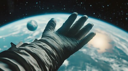 Wall Mural - astronaut hand floating in space: a gloved astronaut hand floating in the vacuum of space, with the 