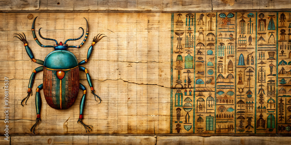 Ancient Egyptian papyrus scroll with hieroglyphics and scarab beetle ...