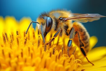 Wall Mural - A bee is sitting on a yellow flower. The bee is the main focus of the image, and it is in a relaxed and peaceful state. The yellow flower provides a bright and cheerful contrast to the bee's brown