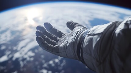 Wall Mural - astronaut hand floating in space: a gloved astronaut hand floating in the vacuum of space, with the 