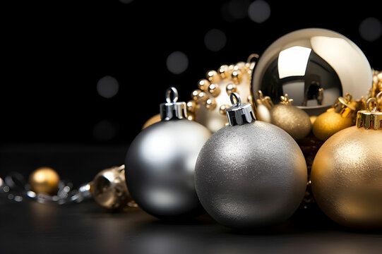 Golden silver Christmas deco on black background