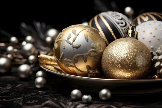 Golden silver Christmas deco on black background