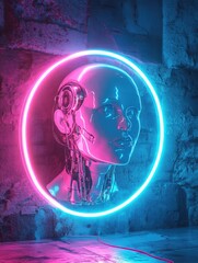 Wall Mural - Neon Sculpture Woman Face Circle