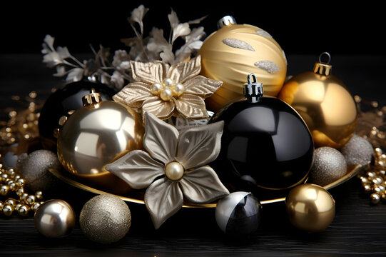 Golden silver Christmas deco on black background