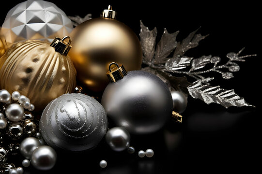 Golden silver Christmas deco on black background