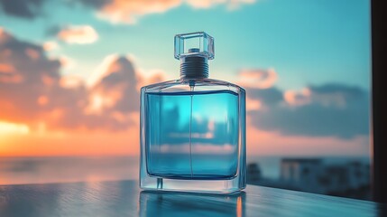 Poster - Blue Perfume Bottle Against a Sunset Sky