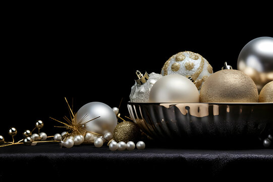 Golden silver Christmas deco on black background