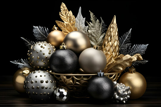 Golden silver Christmas deco on black background