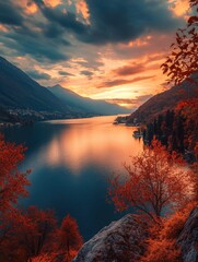 Wall Mural - sunset over lake with trees