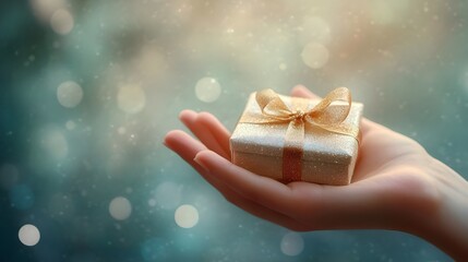 Elegant Hand with a Tiny Jewelry Gift Box: A hand delicately holding a small, elegant jewelry box with a sparkling ribbon, set against a soft-focus background.
