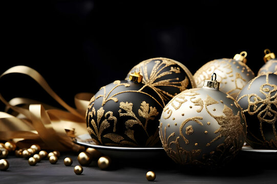 Golden silver Christmas deco on black background