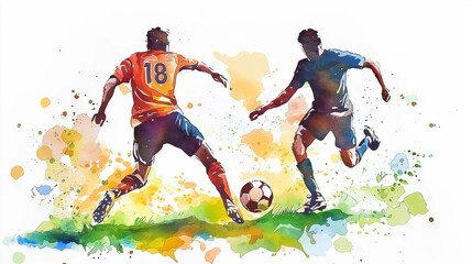 Dynamic watercolor illustration of two football players competing for the ball on a vibrant field.