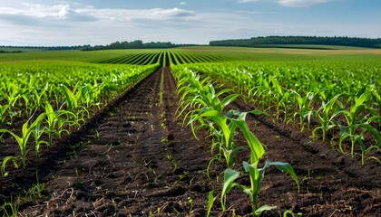 Endless rows of thriving young corn plants stretching across dark fertile soil under an expansive sky