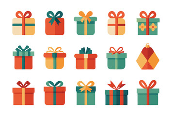 Set of Colorful Gift Boxes with Decorative Bows flat Design Vector Icons