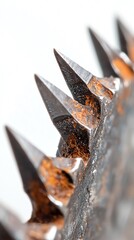 Close-up of a rusty metal gear with sharp teeth.