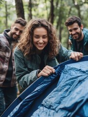 People gathering around tent in woods