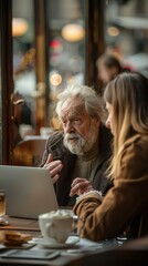 Poster - An older man explains something to a young woman over a laptop in a cafe. AI.