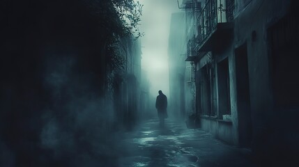 Canvas Print - Dark, foggy alleyway with a mysterious figure, eerie, suspense 