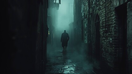 Wall Mural - Dark, foggy alleyway with a mysterious figure, eerie, suspense