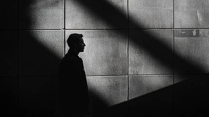 Sticker - Profile view of a person cast in shadow against a textured wall, intersected by the long shadows of an unseen barrier. 