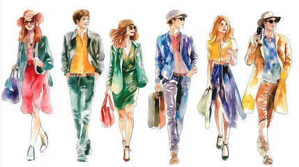 Stylish individuals walking in vibrant outfits, showcasing contemporary fashion trends in an artistic watercolor style.