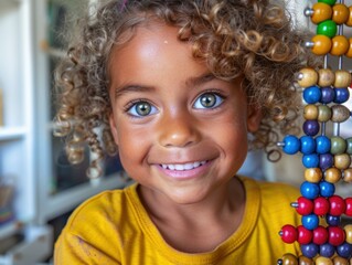 Canvas Print - A young girl with curly hair smiles at the camera. AI.