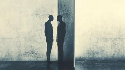 Poster - Reflecting Duality: Surreal Minimalist Image of Human Figure and Mirror Showing Twin Reflection with Shadow Self Effect 