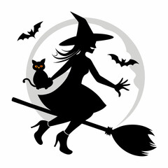 Witch with a broom and kitty fly on a broom. Vector illustrations of a Halloween silhouette witch and a cat flying on a broomstick  silhouette on a white background 