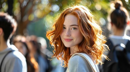 Wall Mural - A woman with red hair smiles at the camera. AI.