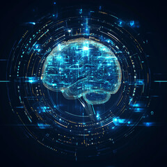 Poster - Abstract digital technology background for Artificial Intelligence (AI) featuring a digital brain, futuristic assistant robots, and machine learning concepts. Vector illustration.