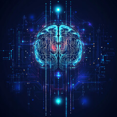 Poster - Abstract digital technology background for Artificial Intelligence (AI) featuring a digital brain, futuristic assistant robots, and machine learning concepts. Vector illustration.