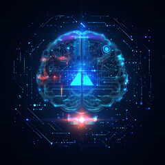 Poster - Abstract digital technology background for Artificial Intelligence (AI) featuring a digital brain, futuristic assistant robots, and machine learning concepts. Vector illustration.