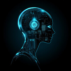 Poster - Abstract digital technology background for Artificial Intelligence (AI) featuring a digital brain, futuristic assistant robots, and machine learning concepts. Vector illustration.
