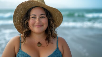 Wall Mural - A woman smiles while wearing a straw hat and swimsuit on the beach. AI.