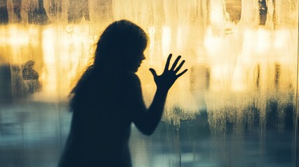 Poster - A woman, feeling depressed, is trapped behind a glass barrier, reaching out for help and support, shadow silhouette 