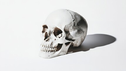 Canvas Print - A human skull, meticulously detailed, revealing the intricacies of its bone structure, is isolated in a stark white void, casting a long, dramatic shadow. 