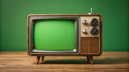 Vintage toy TV with buttons and green screen for analog transmissions, retro, television, toy, technology, nostalgia
