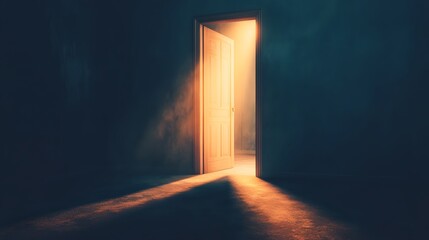 A Light Shines Through an Open Doorway in a Dark Room